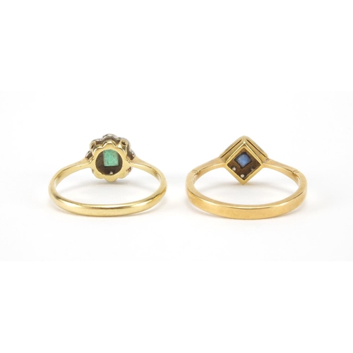 1035 - Two 18ct gold rings set with diamonds, sapphire and emerald, both size M, approximate weight 4.5g