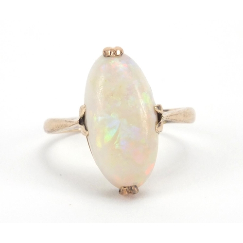 1032 - 9ct gold cabochon opal ring, size O, approximate weight 3.0g