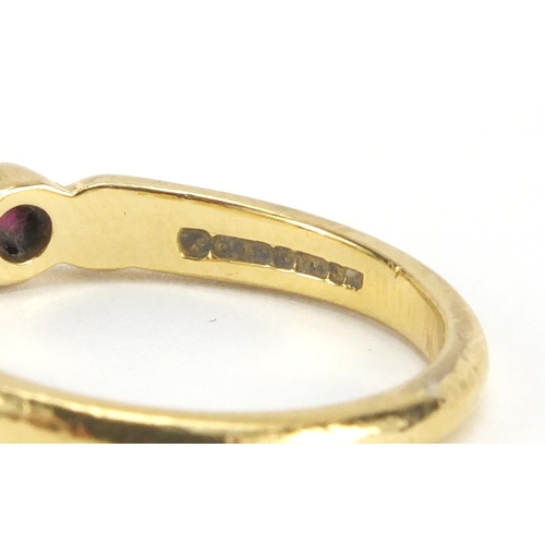 1041 - 18ct gold ruby and diamond half eternity ring set with three rubyies and two diamonds, size N, appro... 