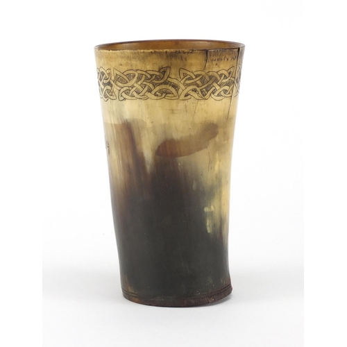 74 - 18th century Celtic horn beaker dated 1769 and with initials AM, 12.5cm high