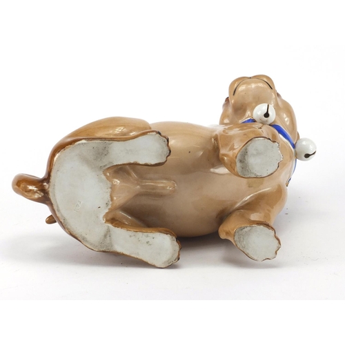 726 - 19th century continental hand painted porcelain Pug dog, impressed F & M to the base, 22cm high