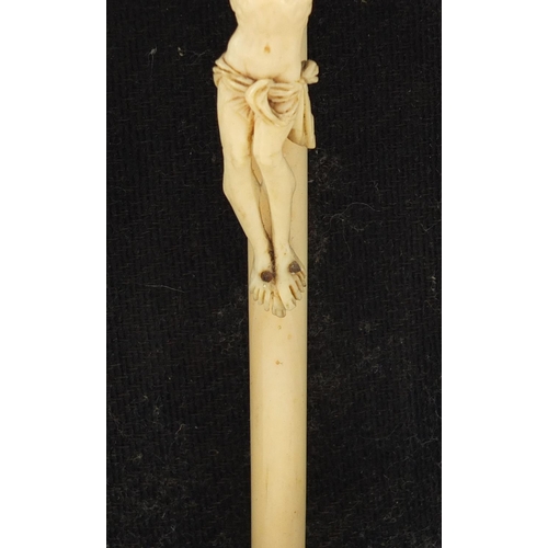 43 - 19th century carved ivory Corpus Christi on cross housed in a case, overall 23cm high