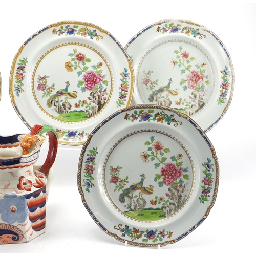 698 - Six early Spode stoneware plates together with a 19th century iron stone jug, the plates all 25cm in... 
