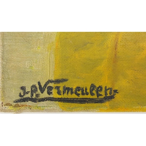 1409 - Four men, oil onto canvas, bearing a signature J P Vermeulen, unframed, 41cm x 30cm