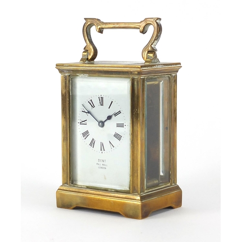 1134 - Brass cased carriage clock by Dent of Pall Mall London, with bevelled glass enamelled dial and Roman... 