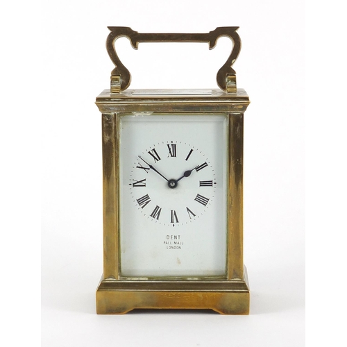 1134 - Brass cased carriage clock by Dent of Pall Mall London, with bevelled glass enamelled dial and Roman... 