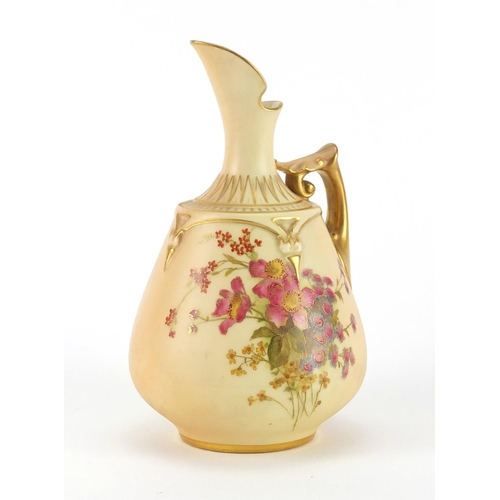 706 - Royal Worcester blush ivory ewer hand painted and gilded with flowers, factory marks and numbered 16... 