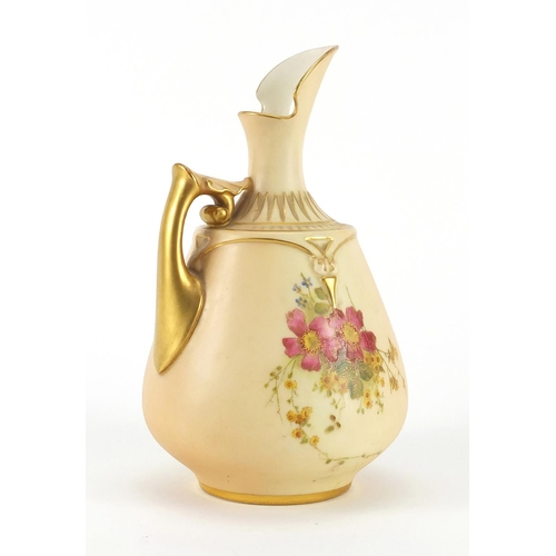 706 - Royal Worcester blush ivory ewer hand painted and gilded with flowers, factory marks and numbered 16... 