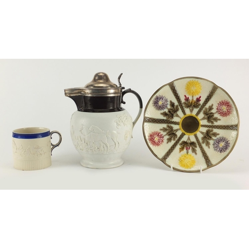 697 - 19th century Chetham & Woolley pearl stoneware tankard and jug, together with a Wedgwood Majolica Ch... 