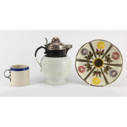 697 - 19th century Chetham & Woolley pearl stoneware tankard and jug, together with a Wedgwood Majolica Ch... 