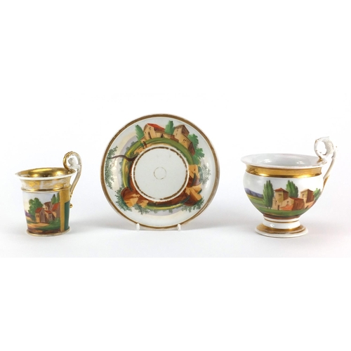 729 - French porcelain chocolate cup and saucer and one other cup, the chocolate cup and saucer hand paint... 