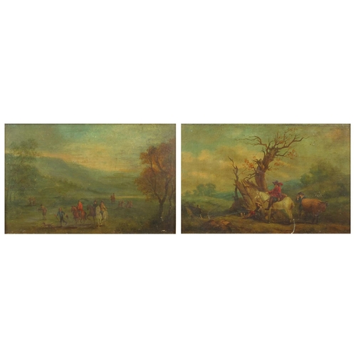 1216 - Figures in landscapes, pair of 18th century Flemish school oil onto wood panels, both with labels ve... 