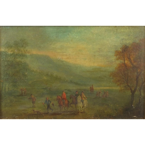 1216 - Figures in landscapes, pair of 18th century Flemish school oil onto wood panels, both with labels ve... 