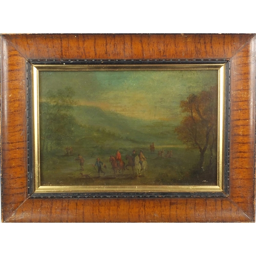 1216 - Figures in landscapes, pair of 18th century Flemish school oil onto wood panels, both with labels ve... 