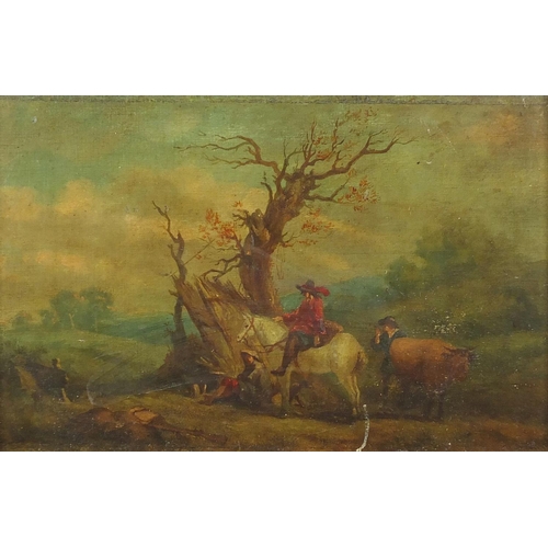 1216 - Figures in landscapes, pair of 18th century Flemish school oil onto wood panels, both with labels ve... 