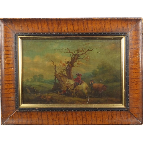 1216 - Figures in landscapes, pair of 18th century Flemish school oil onto wood panels, both with labels ve... 