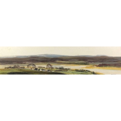 1189 - Michael D Barnfather 1968 - Extensive panoramic landscape, oil onto board, Liberty & Co label verso,... 