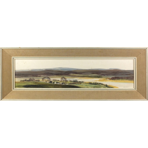 1189 - Michael D Barnfather 1968 - Extensive panoramic landscape, oil onto board, Liberty & Co label verso,... 