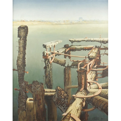 1395 - J R Bartlett '80 - Southend pier after the fire, oil onto canvas, inscribed verso, framed, 61cm x 48... 