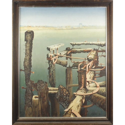 1395 - J R Bartlett '80 - Southend pier after the fire, oil onto canvas, inscribed verso, framed, 61cm x 48... 