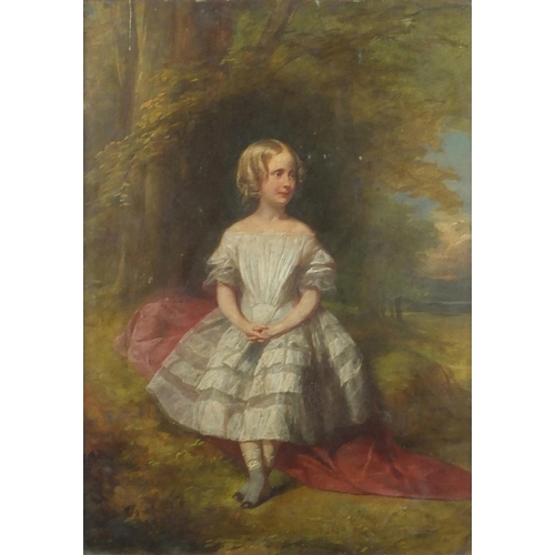 1176 - Young girl seated on a log wearing a long dress, early 19th century oil onto paper laid onto board, ... 