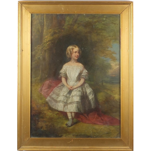 1176 - Young girl seated on a log wearing a long dress, early 19th century oil onto paper laid onto board, ... 