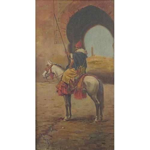 1187 - African figure on horseback before an arch, early 20th century oil onto wood panel, North African sc... 