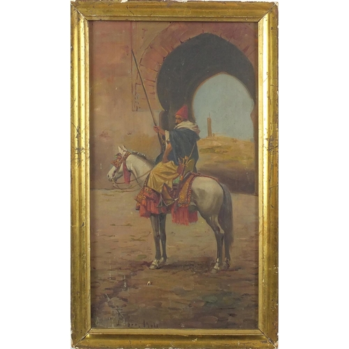 1187 - African figure on horseback before an arch, early 20th century oil onto wood panel, North African sc... 