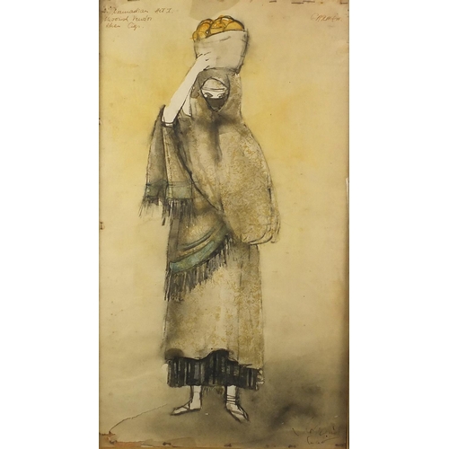 1205 - Morrish vendor from Carmen Act I, ink and watercolour onto card, bearing an indistinct signature to ... 