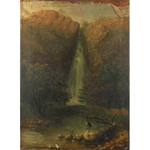 1376 - Stork standing before a waterfall, 19th century oil onto canvas, unframed, 62cm x 45.5cm