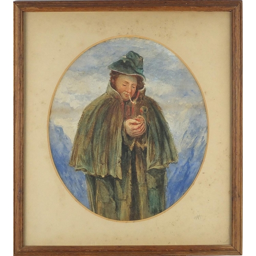 1407 - Pipe smoking peasants, pair of 19th century oval watercolours, mounted and framed, 25.5cm x 22cm