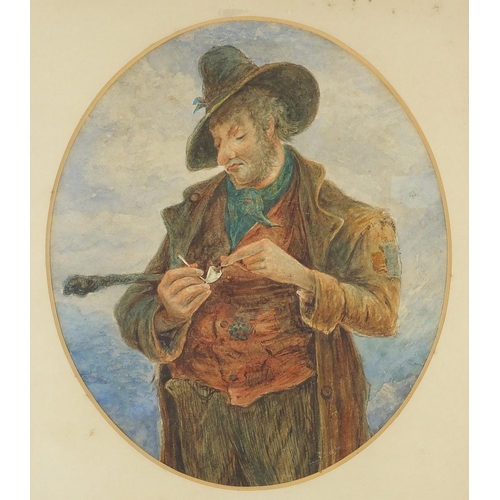 1407 - Pipe smoking peasants, pair of 19th century oval watercolours, mounted and framed, 25.5cm x 22cm