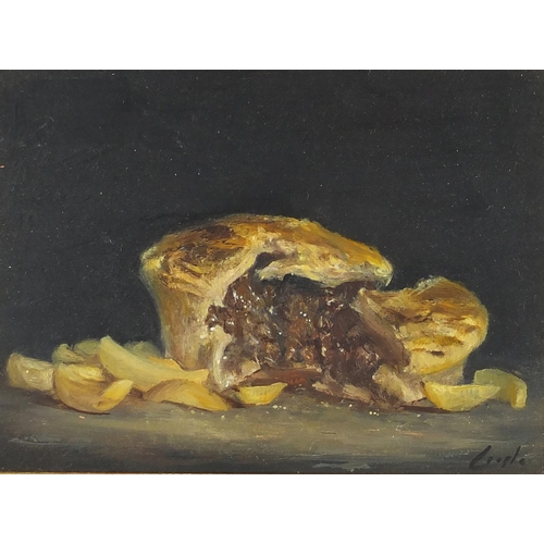 1405 - Still life pie and chips, oil onto board bearing a signature Lusle, mounted and framed, 19.5cm x 14c... 