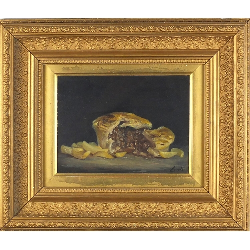 1405 - Still life pie and chips, oil onto board bearing a signature Lusle, mounted and framed, 19.5cm x 14c... 