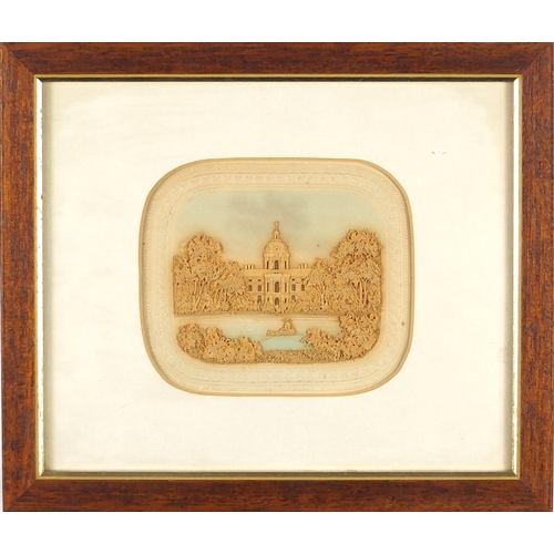 139A - 19th century cork picture depicting a figure in a boat, mounted and framed, 13cm x 11.5cm