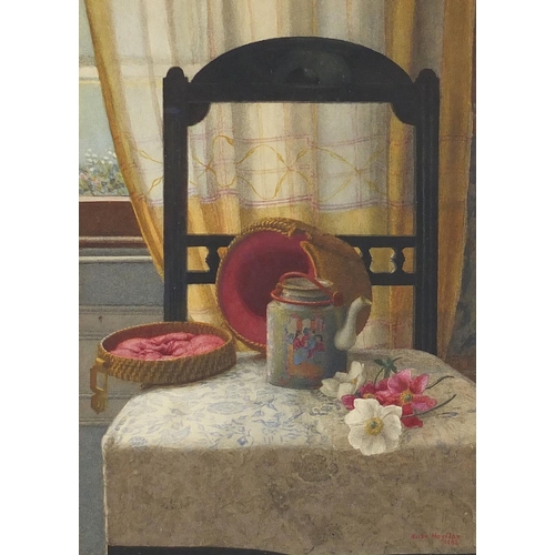 1149 - Kate Hayllar 1883 - Canton teapot on a chair in an interior, watercolour onto card, label inscribed ... 