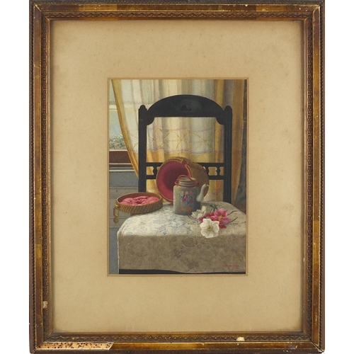 1149 - Kate Hayllar 1883 - Canton teapot on a chair in an interior, watercolour onto card, label inscribed ... 