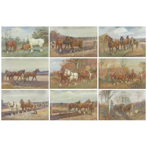 1155 - Thomas Ivester Lloyd - Work horses, set of nine heightened watercolours, all framed, each 49cm x 31.... 