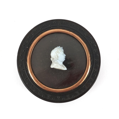 17 - Georgian tortoiseshell snuff box inset with a cameo of  George III, 7cms round