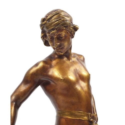 23 - Clément Léopold Steiner 1853-1899, gilt patinated bronze study of a semi nude man teasing a cat, on ... 