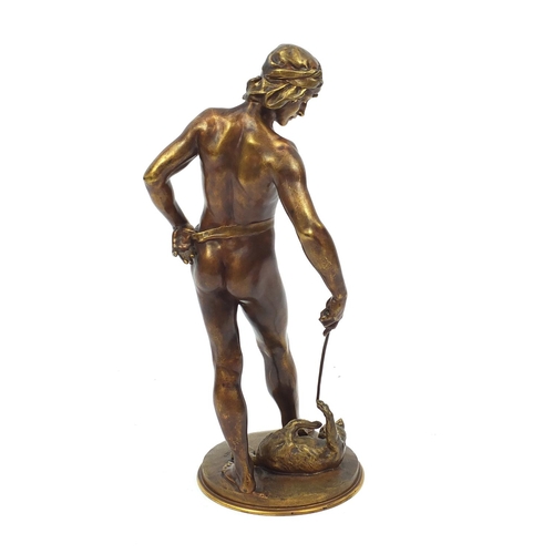 23 - Clément Léopold Steiner 1853-1899, gilt patinated bronze study of a semi nude man teasing a cat, on ... 