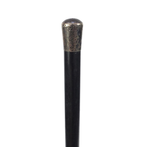 122 - Victorian silver topped ebonised walking cane by Brigg, with brass ferrule, 88cm in length