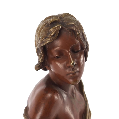 25 - Emmanuel Villanis 1858-1914, Seule!, patinated bronze bust of an Art Nouveau maiden, on red variegat... 