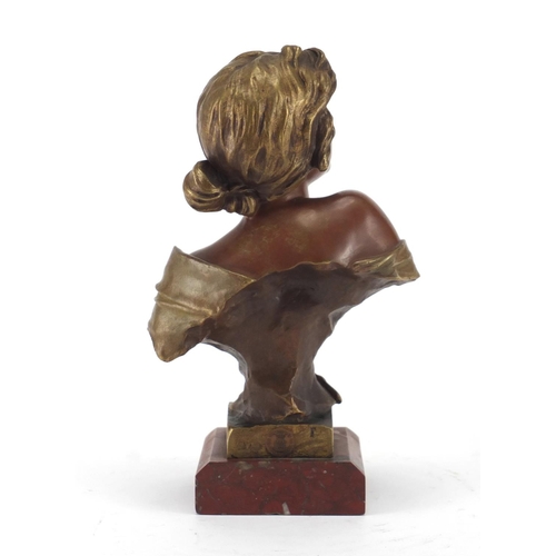 25 - Emmanuel Villanis 1858-1914, Seule!, patinated bronze bust of an Art Nouveau maiden, on red variegat... 