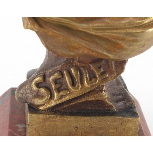 25 - Emmanuel Villanis 1858-1914, Seule!, patinated bronze bust of an Art Nouveau maiden, on red variegat... 