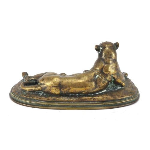 24 - Paul-Edouard Delabrierre 1829-1912, patinated bronze recumbent Puma with a Fennec fox on oval base, ... 