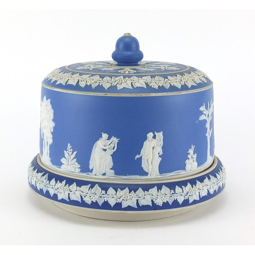 695 - Victorian blue and white jasperware cheese dish on stand, decorated in low relief with a continuous ... 