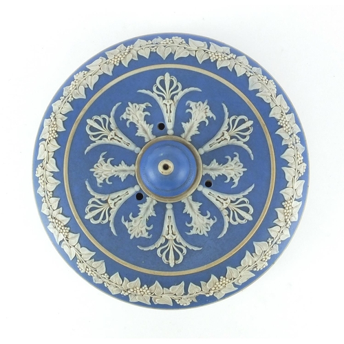 695 - Victorian blue and white jasperware cheese dish on stand, decorated in low relief with a continuous ... 
