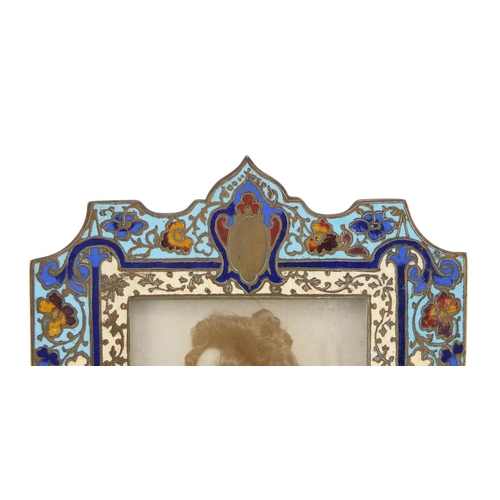 64 - French gilt brass and champlevé enamel easel photo frame, decorated with stylised flowers and floral... 