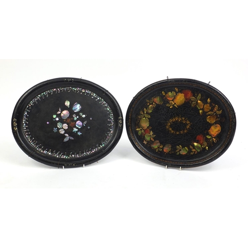 50 - Two Victorian Papier Mache trays with Mother of Pearl inlay, both hand painted and decorated with fl... 